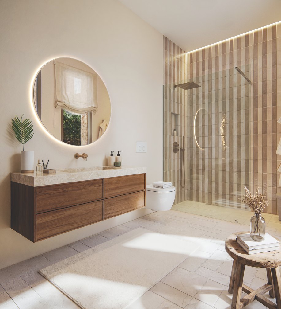 Baño en suite con espejo circular y ducha