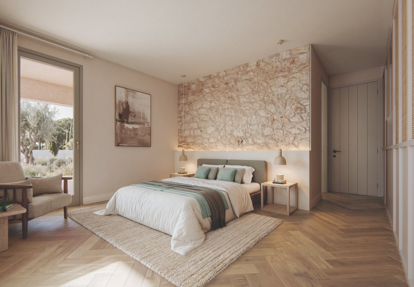 Dormitorio principal con pared de piedra vista