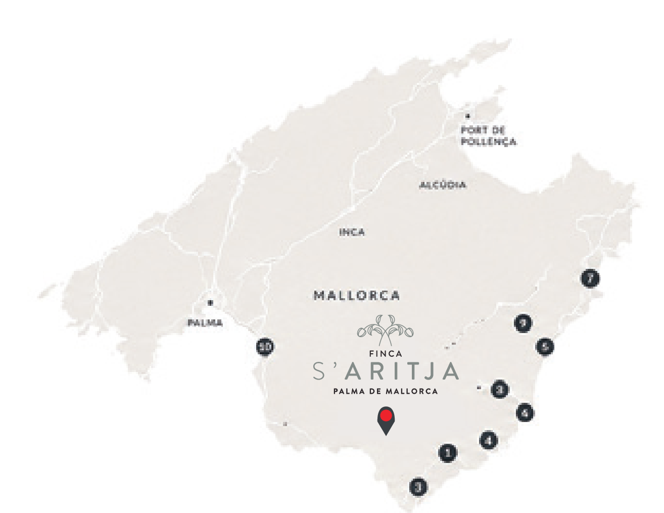 Mapa de Mallorca con la ubicación de Finca S’Aritja