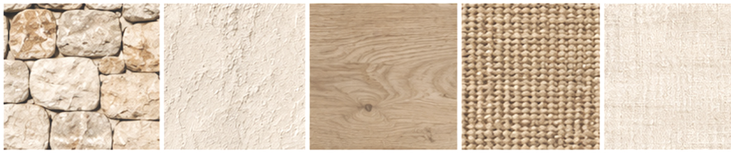 Texturas: piedra, estuco, madera, yute y lino